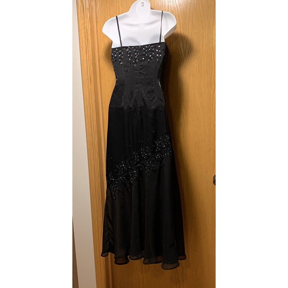 CACHE Black Sheer Beaded Asymmetrical Formal Long Evening Gown Dress Size 4 Y2K - Picture 2 of 12